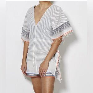 Lemlem White Striped Cotton Swim Coverup with Gray and Orange Trim